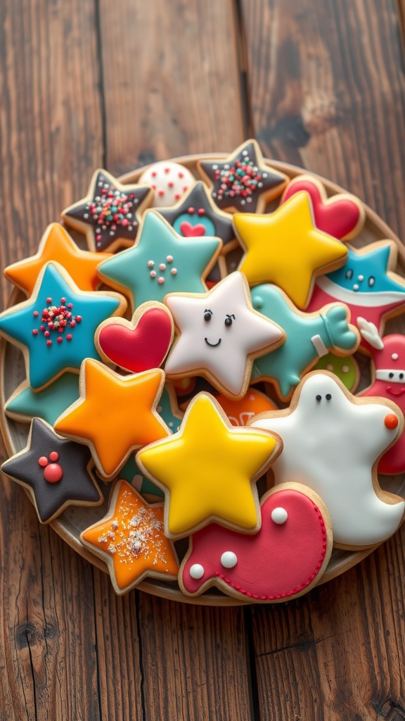 Delicious 3D Cookie Recipe for Creative Baking Colorful 3D cookies in different shapes decorated with icing and sprinkles on a wooden table.